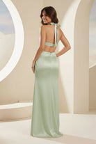 Joralia | Blush - Halter Sheath Satin Cutout Formal Prom Dresses With Slit - KissProm