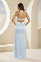 Joralia | Blush - Halter Sheath Satin Cutout Formal Prom Dresses With Slit - KissProm