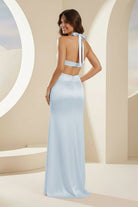 Joralia | Blush - Halter Sheath Satin Cutout Formal Prom Dresses With Slit - KissProm