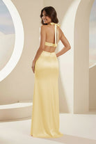Joralia | Blush - Halter Sheath Satin Cutout Formal Prom Dresses With Slit - KissProm