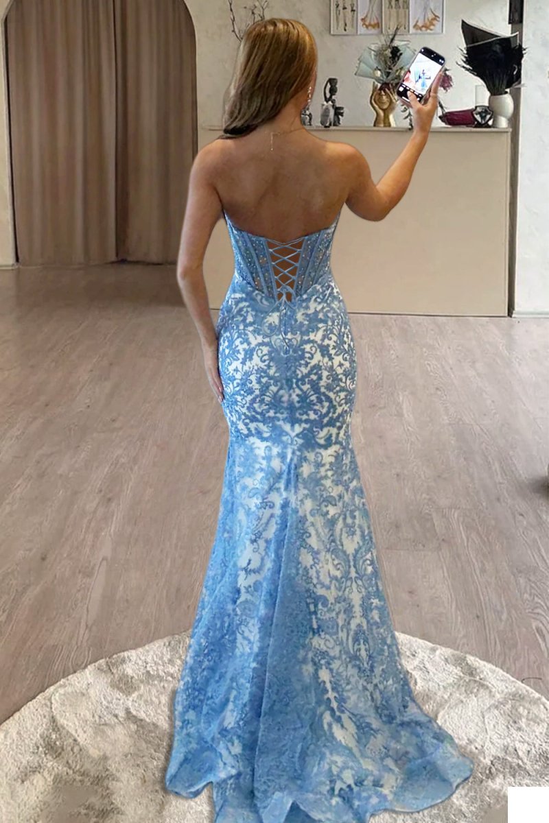 Joraya | Blue - Strapless Mermaid Lace Long Prom Dresses With Beading - KissProm