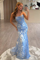 Joraya | Blue - Strapless Mermaid Lace Long Prom Dresses With Beading - KissProm