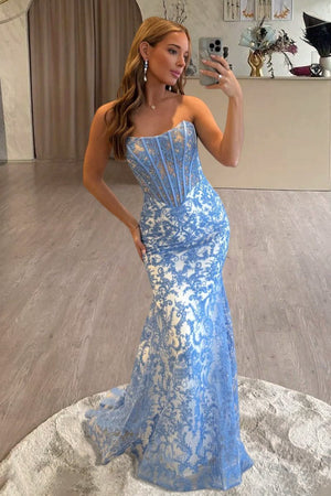 Joraya | Blue - Strapless Mermaid Lace Long Prom Dresses With Beading - KissProm