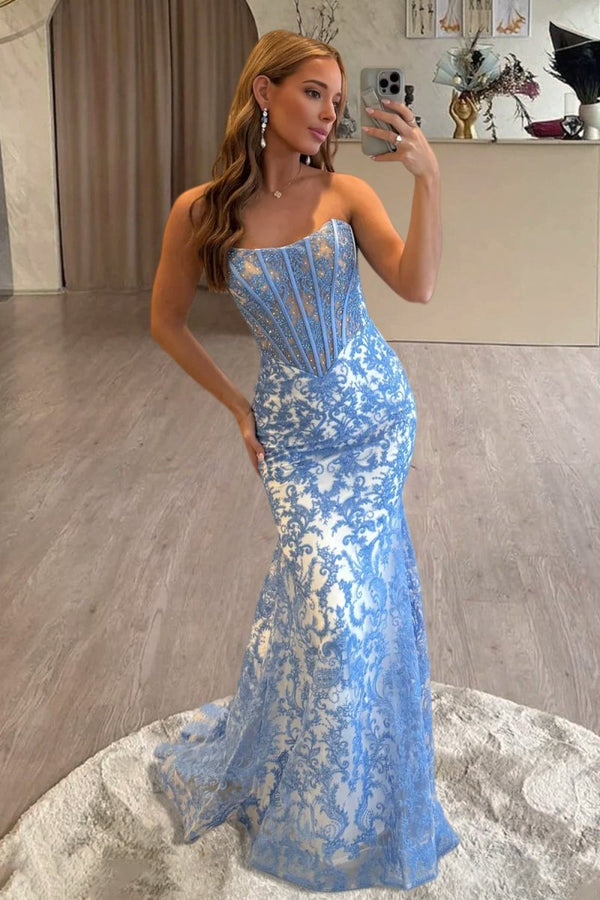 Joraya | Blue - Strapless Mermaid Lace Long Prom Dresses With Beading - KissProm