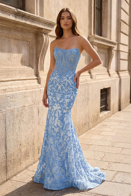 Blue Strapless Mermaid Lace Long Prom Dresses With Beading