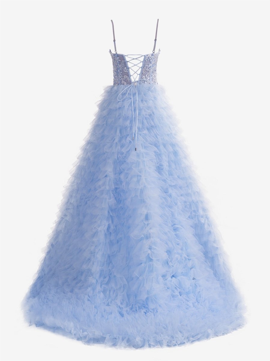 Jordan Black A-Line Tiered Sequins Tulle Long Prom Dress Sky Blue / 16