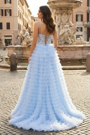 Sky Blue A - Line Tiered Sequins Tulle Long Prom Dress - KissProm