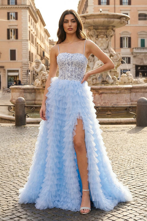 KissProm- Sky Blue A-Line Tiered Sequins Tulle Long Prom Dress