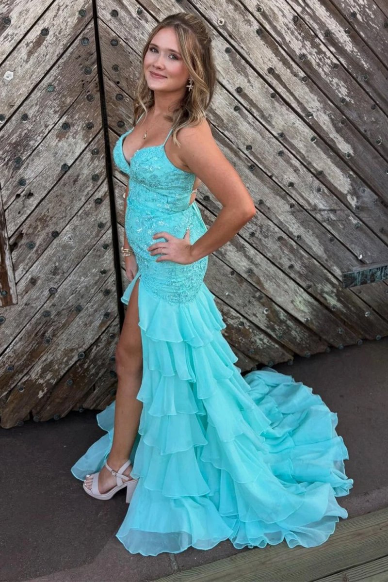 Yellow Spaghetti Straps Mermaid Lace Appliqued Prom Dresses With Ruffles, Aqua / 00 Yellow Spaghetti Straps Mermaid Lace Appliqued Prom Dresses With Ruffles, Aqua / 00