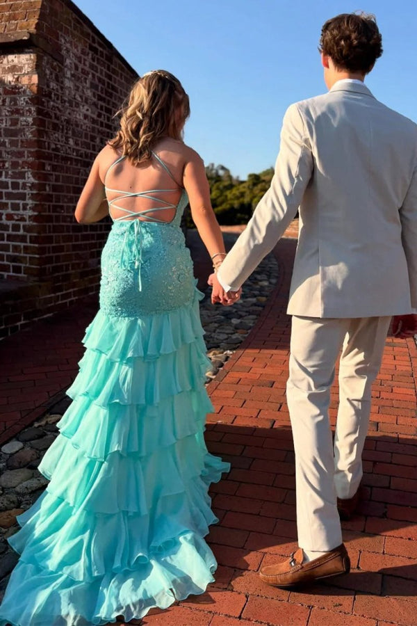 Jordane | Aqua - Spaghetti Straps Mermaid Lace Appliqued Prom Dresses With Ruffles - KissProm