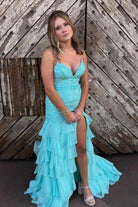 Jordane | Aqua - Spaghetti Straps Mermaid Lace Appliqued Prom Dresses With Ruffles - KissProm