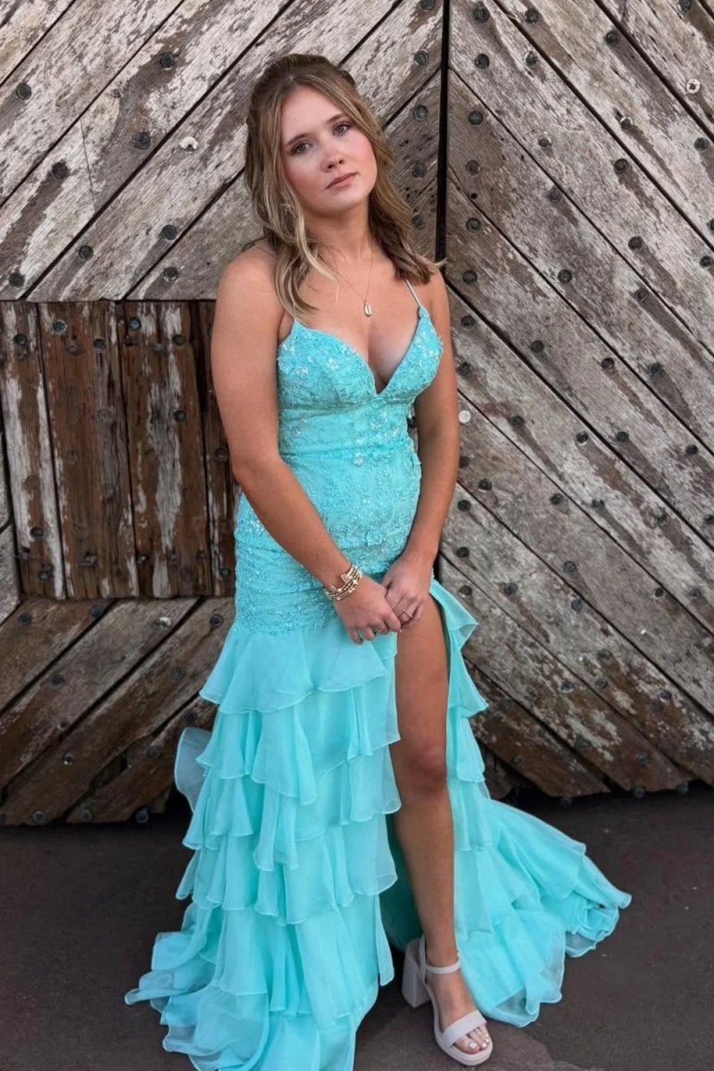 Jordane | Aqua - Spaghetti Straps Mermaid Lace Appliqued Prom Dresses With Ruffles - KissProm