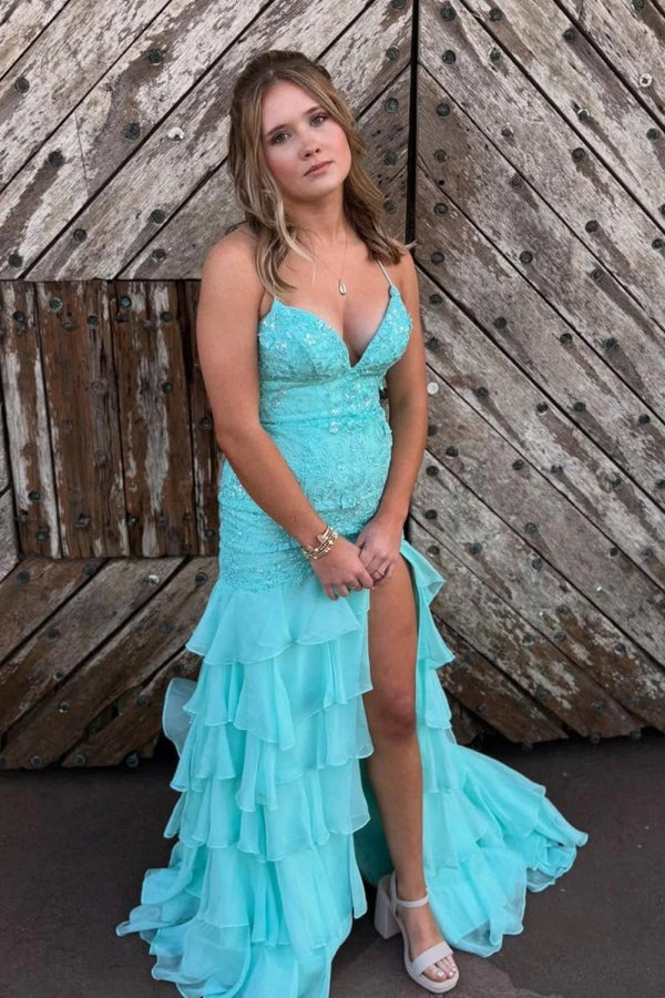 Aqua - Spaghetti Straps Mermaid Lace Appliqued Prom Dresses With Ruffles – Prom Dress by KissProm | Available at KissProm