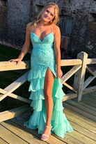 Jordane | Aqua - Spaghetti Straps Mermaid Lace Appliqued Prom Dresses With Ruffles - KissProm