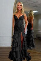 Jordane | Black - Spaghetti Straps Mermaid Lace Appliqued Prom Dresses With Ruffles - KissProm