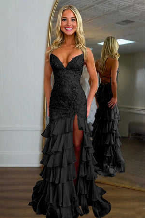 Jordane | Black - Spaghetti Straps Mermaid Lace Appliqued Prom Dresses With Ruffles - KissProm