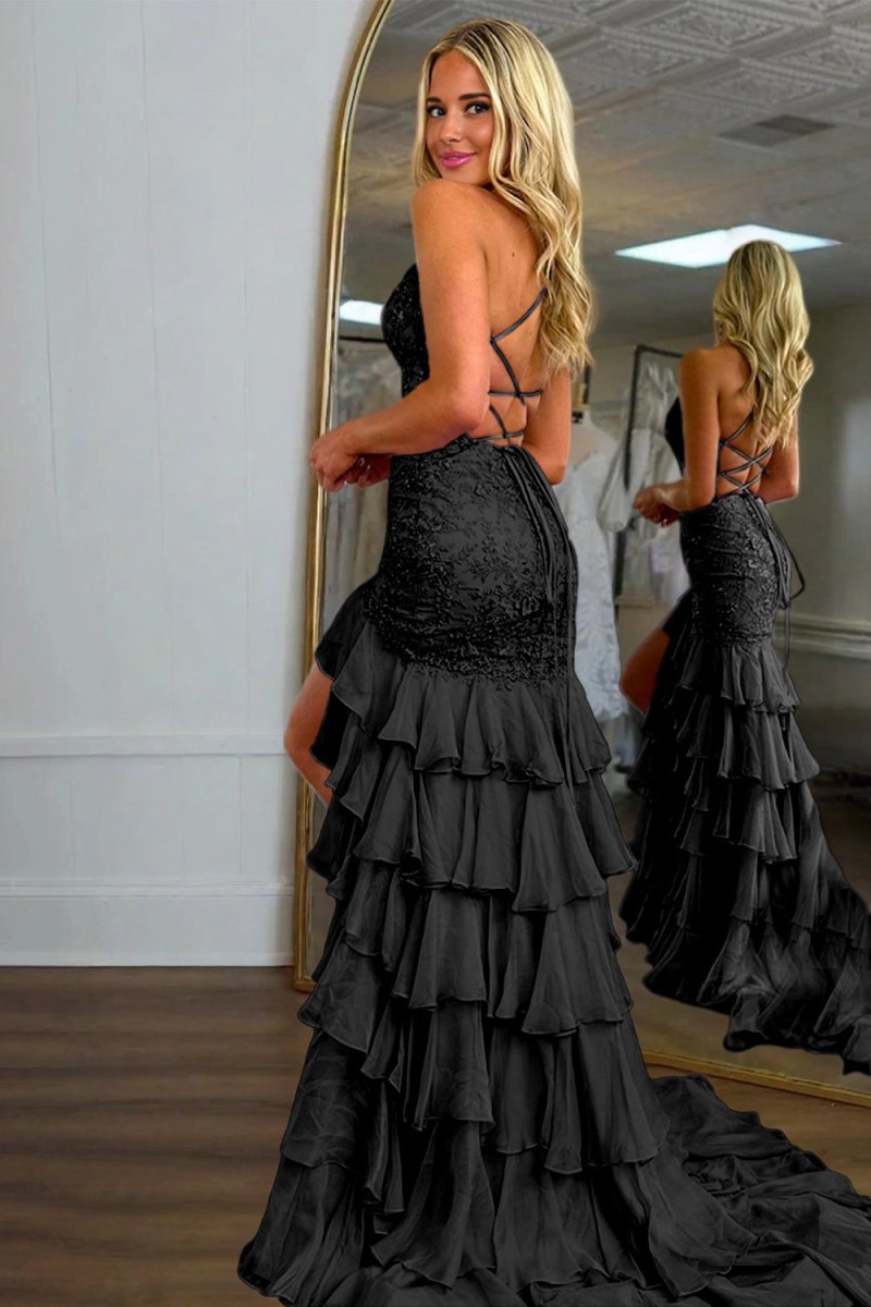 Jordane | Black - Spaghetti Straps Mermaid Lace Appliqued Prom Dresses With Ruffles - KissProm