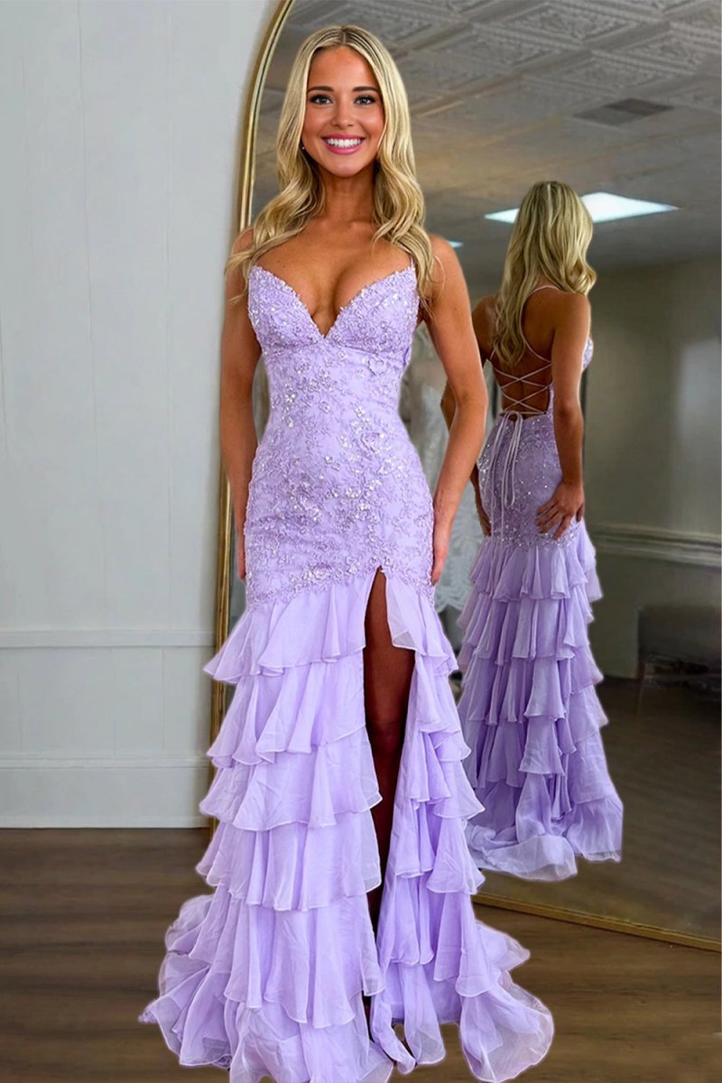 Jordane | Lilac - Spaghetti Straps Mermaid Lace Appliqued Prom Dresses With Ruffles - KissProm