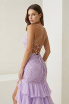 Jordane | Lilac - Spaghetti Straps Mermaid Lace Appliqued Prom Dresses With Ruffles - KissProm