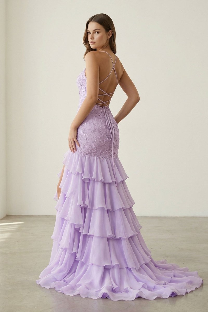 Jordane | Lilac - Spaghetti Straps Mermaid Lace Appliqued Prom Dresses With Ruffles - KissProm