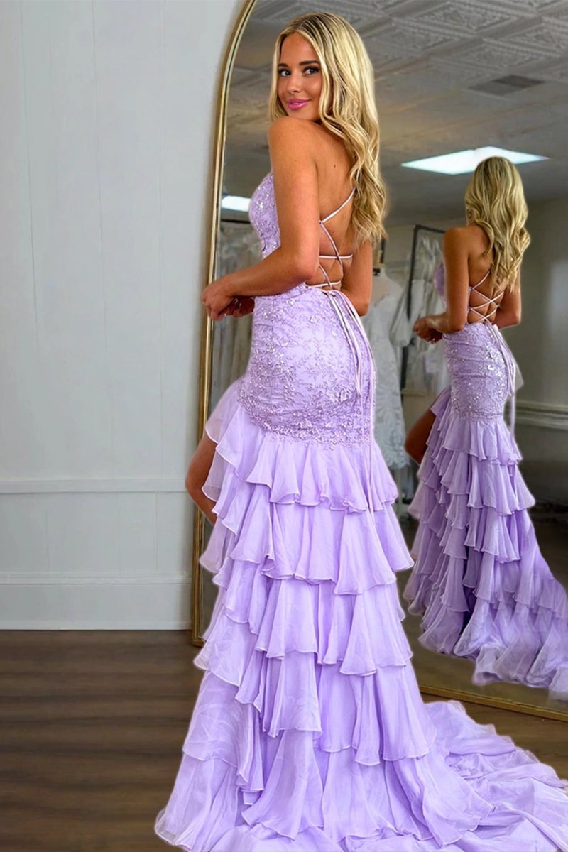Jordane | Lilac - Spaghetti Straps Mermaid Lace Appliqued Prom Dresses With Ruffles - KissProm