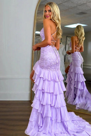 Jordane | Lilac - Spaghetti Straps Mermaid Lace Appliqued Prom Dresses With Ruffles - KissProm