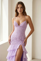 Jordane | Lilac - Spaghetti Straps Mermaid Lace Appliqued Prom Dresses With Ruffles - KissProm