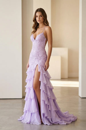 Jordane | Lilac - Spaghetti Straps Mermaid Lace Appliqued Prom Dresses With Ruffles - KissProm