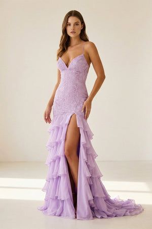 Jordane | Lilac - Spaghetti Straps Mermaid Lace Appliqued Prom Dresses With Ruffles - KissProm