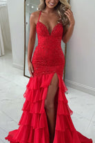 Jordane | Red - Spaghetti Straps Mermaid Lace Appliqued Prom Dresses With Ruffles - KissProm