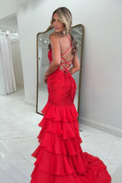 Jordane | Red - Spaghetti Straps Mermaid Lace Appliqued Prom Dresses With Ruffles - KissProm