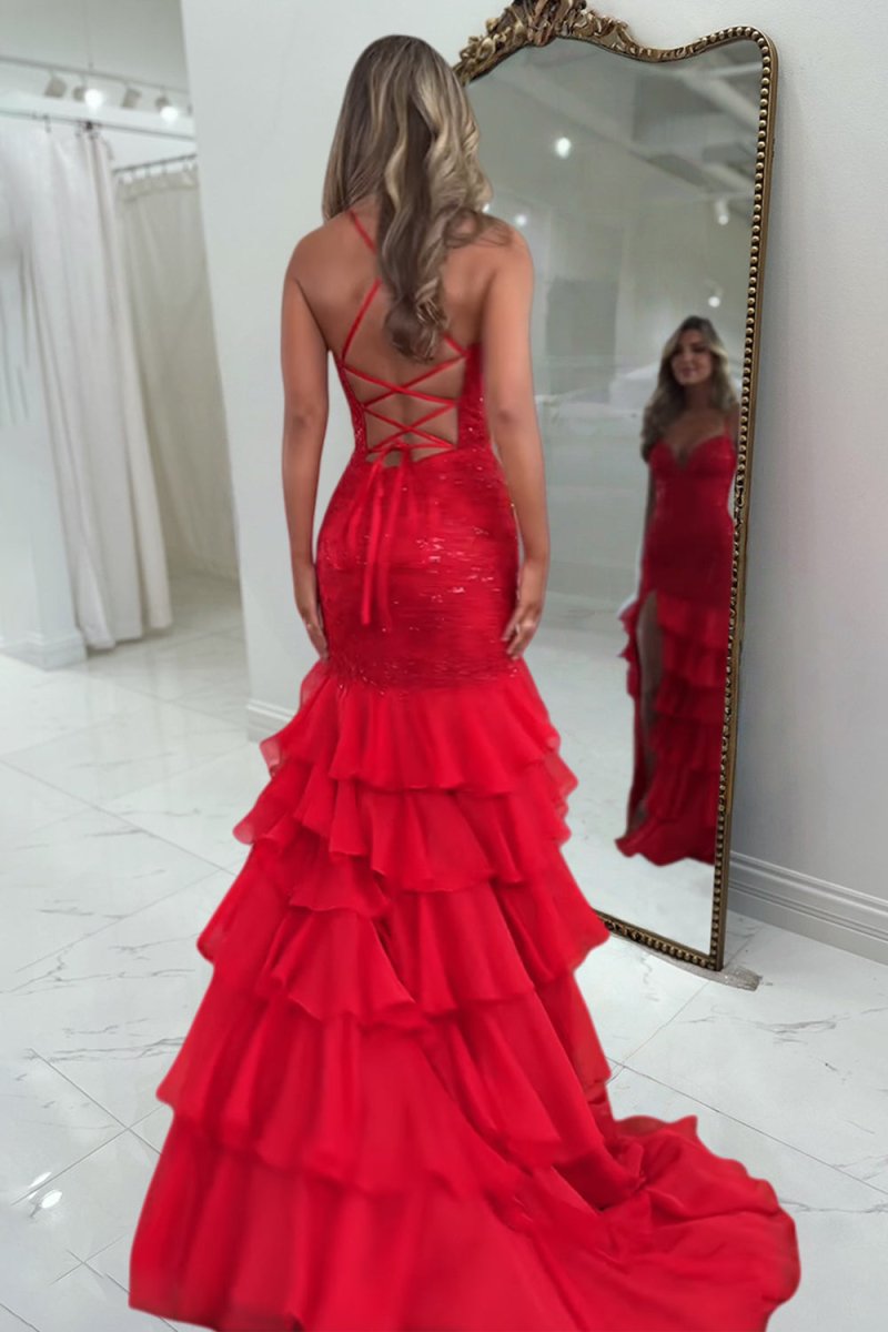 Jordane | Red - Spaghetti Straps Mermaid Lace Appliqued Prom Dresses With Ruffles - KissProm