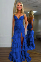 Jordane | Royal Blue - Spaghetti Straps Mermaid Lace Appliqued Prom Dresses With Ruffles - KissProm