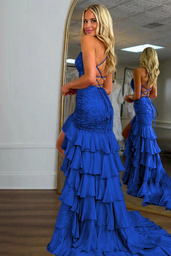 Jordane | Royal Blue - Spaghetti Straps Mermaid Lace Appliqued Prom Dresses With Ruffles - KissProm