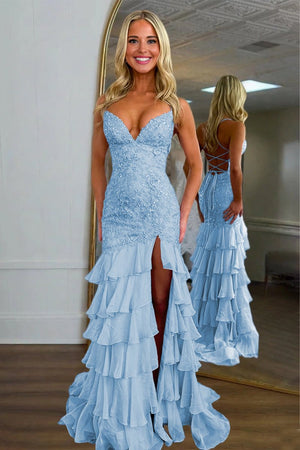 Jordane | Sky Blue - Spaghetti Straps Mermaid Lace Appliqued Prom Dresses With Ruffles - KissProm