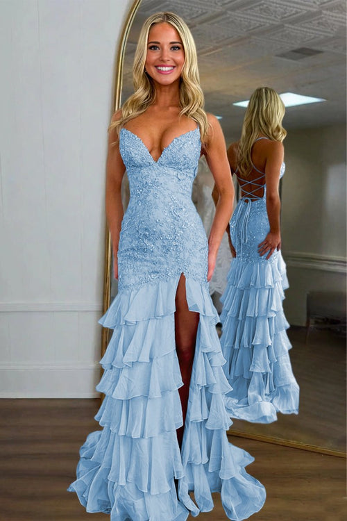 Jordane | Sky Blue - Spaghetti Straps Mermaid Lace Appliqued Prom Dresses With Ruffles - KissProm