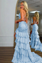 Jordane | Sky Blue - Spaghetti Straps Mermaid Lace Appliqued Prom Dresses With Ruffles - KissProm