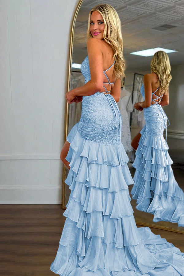 Jordane | Sky Blue - Spaghetti Straps Mermaid Lace Appliqued Prom Dresses With Ruffles - KissProm