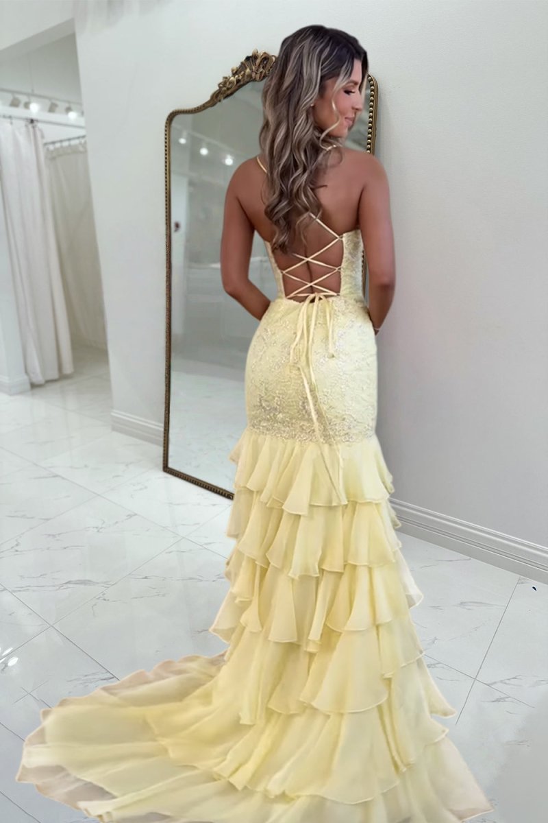 Yellow - Spaghetti Straps Mermaid Lace Appliqued Prom Dresses with Ruffles Yellow / 10