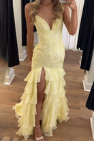 Jordane | Yellow - Spaghetti Straps Mermaid Lace Appliqued Prom Dresses With Ruffles - KissProm