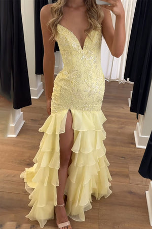 Jordane | Yellow - Spaghetti Straps Mermaid Lace Appliqued Prom Dresses With Ruffles - KissProm