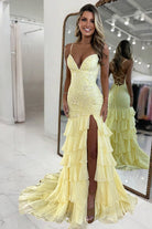 Jordane | Yellow - Spaghetti Straps Mermaid Lace Appliqued Prom Dresses With Ruffles - KissProm