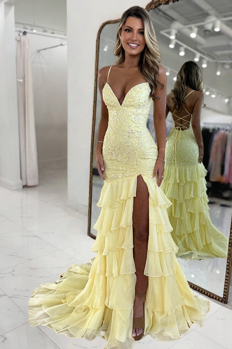 Jordane | Yellow - Spaghetti Straps Mermaid Lace Appliqued Prom Dresses With Ruffles - KissProm