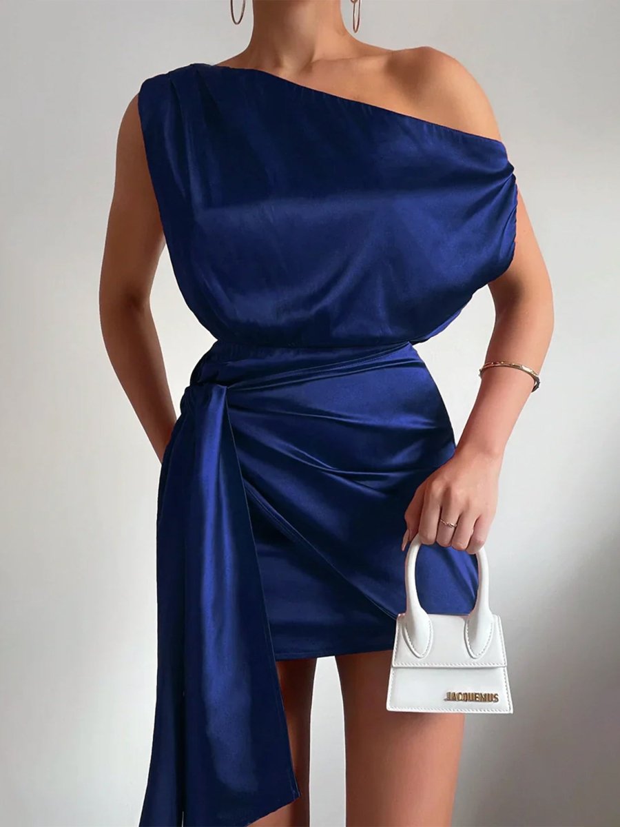 Jorja | Navy Blue - Sheath One Shoulder Satin Homecoming Dresses with Drape
