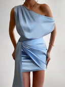 Jorja | Dusty Blue  - Sheath One Shoulder Satin Homecoming Dresses with Drape