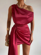 Jorja | Burgundy - Sheath One Shoulder Satin Homecoming Dresses with Drape