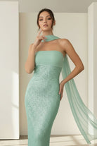 Josephine | Aqua - Strapless Sheath Sequined Formal Prom Dresses With Scarf - KissProm