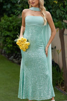 Josephine | Aqua - Strapless Sheath Sequined Formal Prom Dresses With Scarf - KissProm