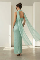 Josephine | Aqua - Strapless Sheath Sequined Formal Prom Dresses With Scarf - KissProm