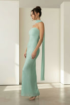 Josephine | Aqua - Strapless Sheath Sequined Formal Prom Dresses With Scarf - KissProm